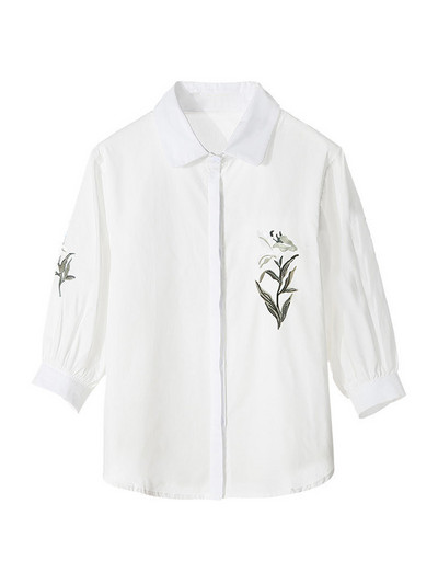 Ljetne uredske dame, korejske modne ženske bluze s cvjetnim vezom, 2022., široke ležerne majice s pola rukava, elegantna nova košulja s gumbima