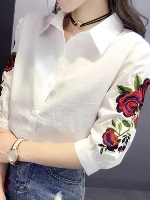 Ljetne uredske dame, korejske modne ženske bluze s cvjetnim vezom, 2022., široke ležerne majice s pola rukava, elegantna nova košulja s gumbima