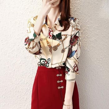 Ежедневна шифонена блуза с щампи Пролет Есен Модно поло деколте Едноредно дамско облекло Свободна пачуърк риза с дълъг ръкав