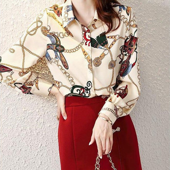 Ежедневна шифонена блуза с щампи Пролет Есен Модно поло деколте Едноредно дамско облекло Свободна пачуърк риза с дълъг ръкав