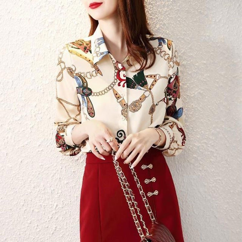 Alkalmi nyomtatott sifonblúz tavaszi őszi póló nyakú divat egysoros női ruházat bő patchwork hosszú ujjú ing