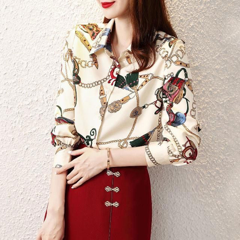 Alkalmi nyomtatott sifonblúz tavaszi őszi póló nyakú divat egysoros női ruházat bő patchwork hosszú ujjú ing