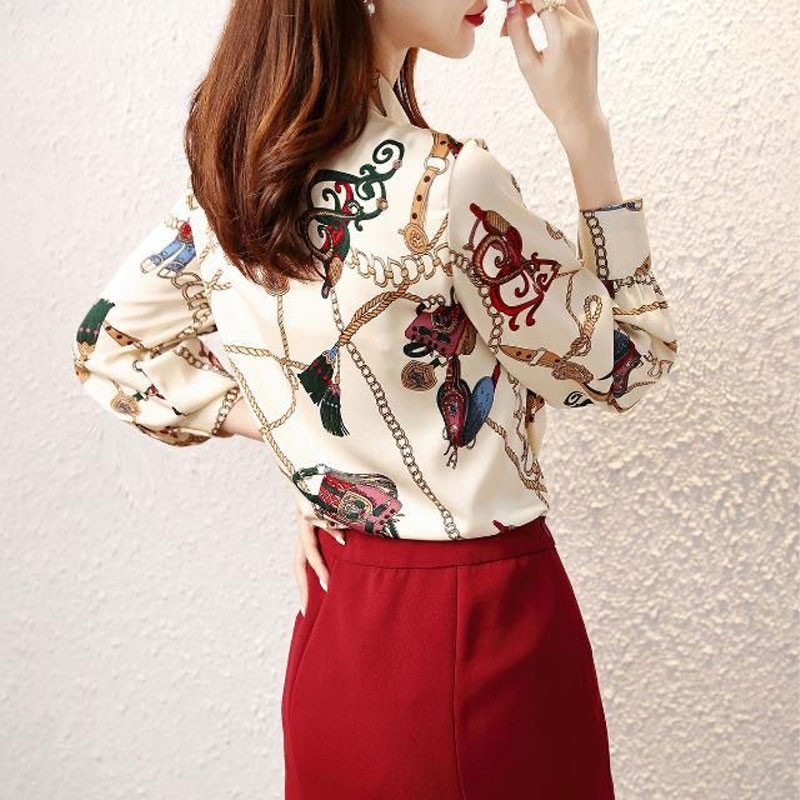 Alkalmi nyomtatott sifonblúz tavaszi őszi póló nyakú divat egysoros női ruházat bő patchwork hosszú ujjú ing