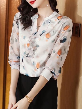 Ризи за жени Есен 2023 г. Дамски луксозни блузи с V-образно деколте Дамски блузи на цветя Елегантни и младежки дамски блузи Основно женско облекло