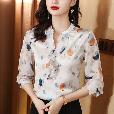 Naiste särgid 2023. aasta sügise V-kaelusega naiste luksuspluusid Lilledega naiste topid Elegantsed ja nooruslikud naiste pluusid Naiste põhirõivad