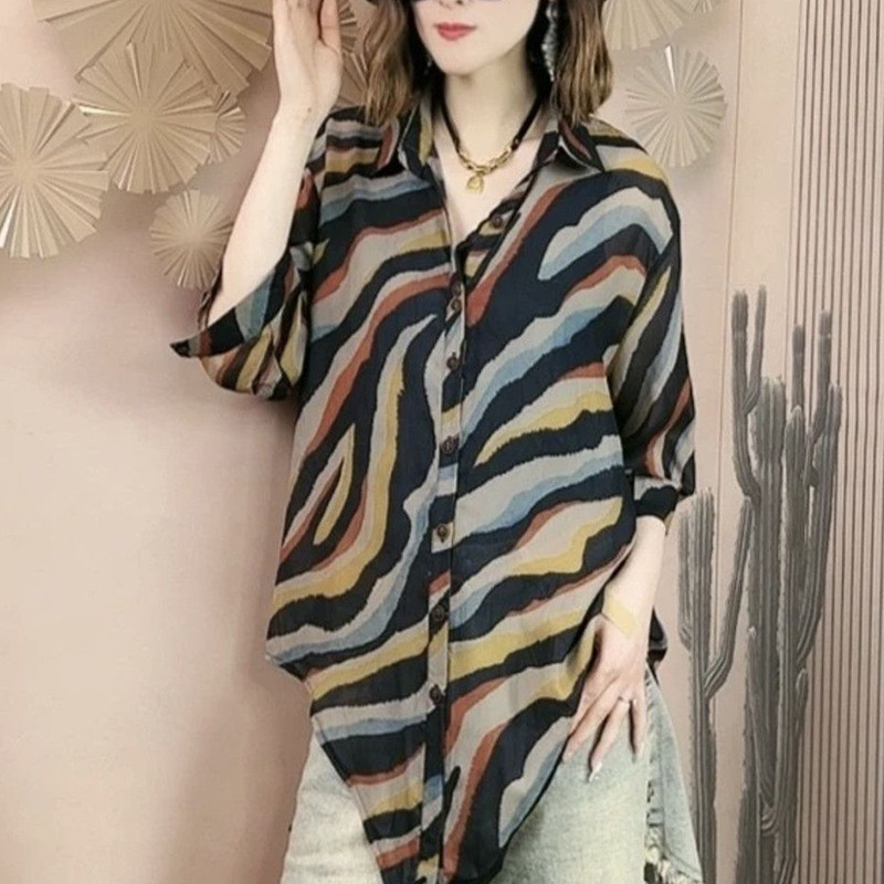 Suvise vintage vabaaja elegantne šikk särk naiste allapoole kaelarihm, kolmveerand varrukatega nööp, vaba vabaaja lainelõikeline tänavariietus