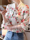 Jauna ar garām piedurknēm apdrukāta ziedu mežģīņu dāmu pavasara un rudens salda vēdera blūze ar vēderu pārklāta sieviešu šiks krekliņš