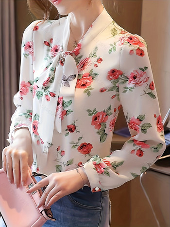 Нова дамска пролетна и есенна пролетна и есенна дамска шикозна малка блуза с панделки с дълъг ръкав и щампа на цветя