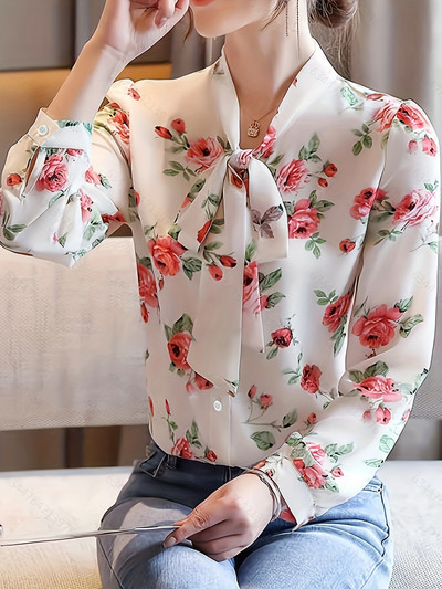 Jauna ar garām piedurknēm apdrukāta ziedu mežģīņu dāmu pavasara un rudens salda vēdera blūze ar vēderu pārklāta sieviešu šiks krekliņš