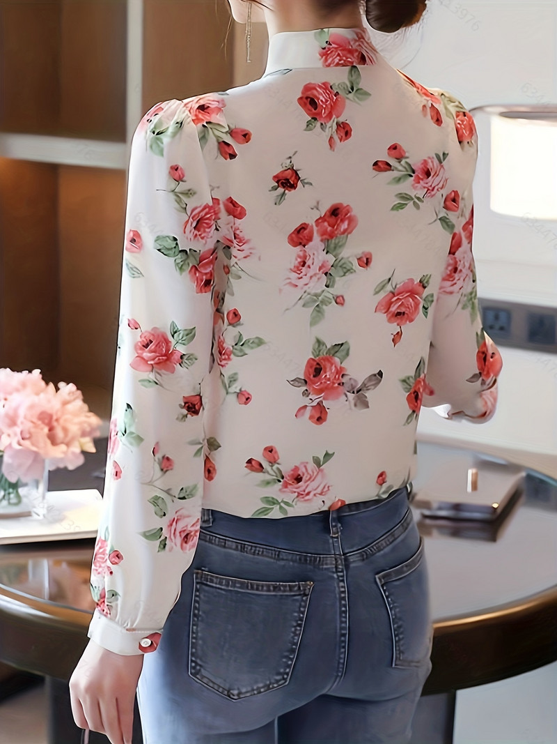 Jauna ar garām piedurknēm apdrukāta ziedu mežģīņu dāmu pavasara un rudens salda vēdera blūze ar vēderu pārklāta sieviešu šiks krekliņš