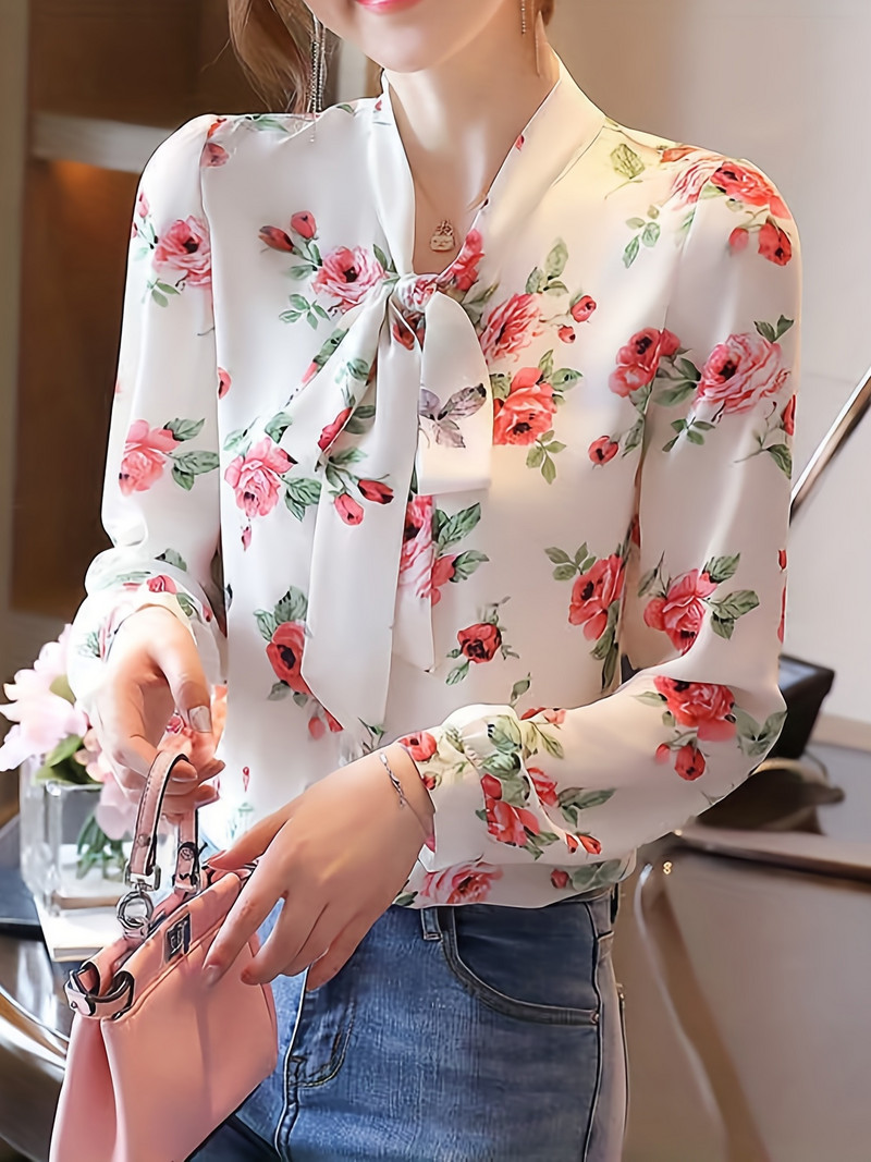 Jauna ar garām piedurknēm apdrukāta ziedu mežģīņu dāmu pavasara un rudens salda vēdera blūze ar vēderu pārklāta sieviešu šiks krekliņš