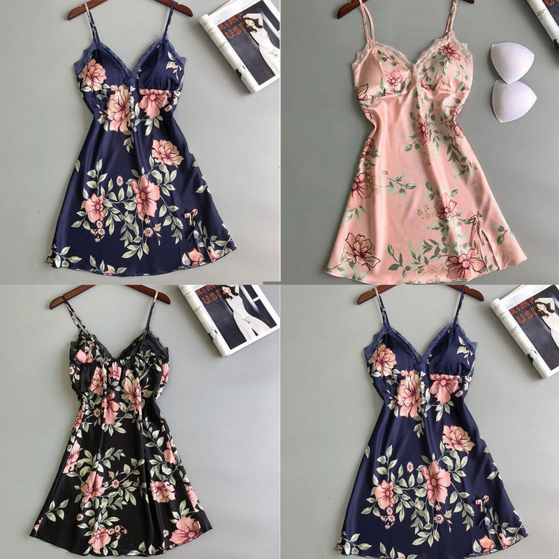 Naiste naiste seksikad magamisriided pitsist V-kaelusega Babydoll aluspesu lilleline siidist öökleit polsterdatud rinnahoidjaga