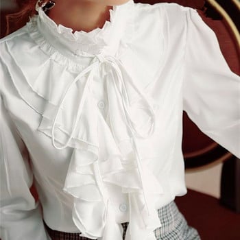 Есенно-зимна дамска модна стояща яка и копчета с волани Блуза с блузи Едноцветна тънка риза с дълъг ръкав
