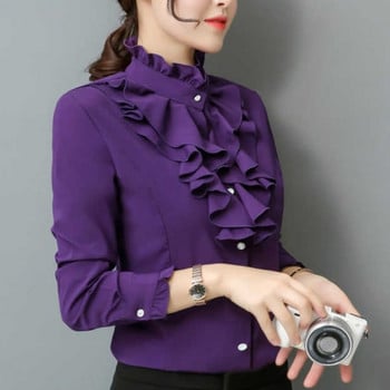 Есенно-зимна дамска модна стояща яка и копчета с волани Блуза с блузи Едноцветна тънка риза с дълъг ръкав