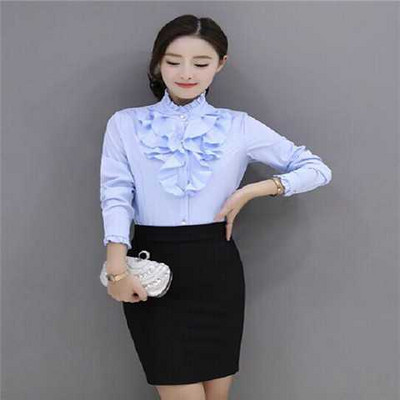 Őszi és téli női divat álló gallér gomb fodros ráncos blúz egyszínű ingázó hosszú ujjú vékony ing