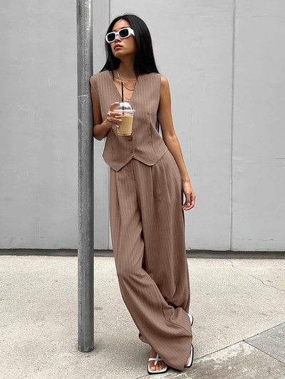 Mumaroho 2024 női tavaszi nyár irodai nadrág szett csíkos khaki ruhák V-nyakú 2 kétrészes, hozzáillő öltönykészlet nőknek