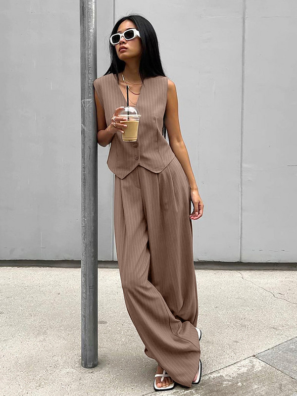 Mumaroho 2024 női tavaszi nyár irodai nadrág szett csíkos khaki ruhák V-nyakú 2 kétrészes, hozzáillő öltönykészlet nőknek