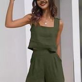 2024-es női öltöny, egyszínű pamut és vászon, alkalmi rövid felsők és rövidnadrágok nyári vakáció 2 részes szett nőknek