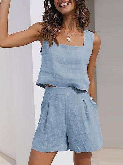 2024-es női öltöny, egyszínű pamut és vászon, alkalmi rövid felsők és rövidnadrágok nyári vakáció 2 részes szett nőknek