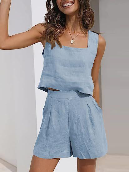 2024-es női öltöny, egyszínű pamut és vászon, alkalmi rövid felsők és rövidnadrágok nyári vakáció 2 részes szett nőknek