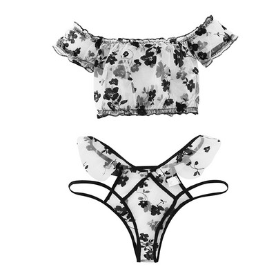 S-3XL Liela izmēra sieviešu eksotiskas apakšveļas komplekts Perspektīvas mežģīņu krūštura biksīšu komplekti Erotiski seksīga apakšveļa volānveida naktskrekls tīkliņkleita sekss