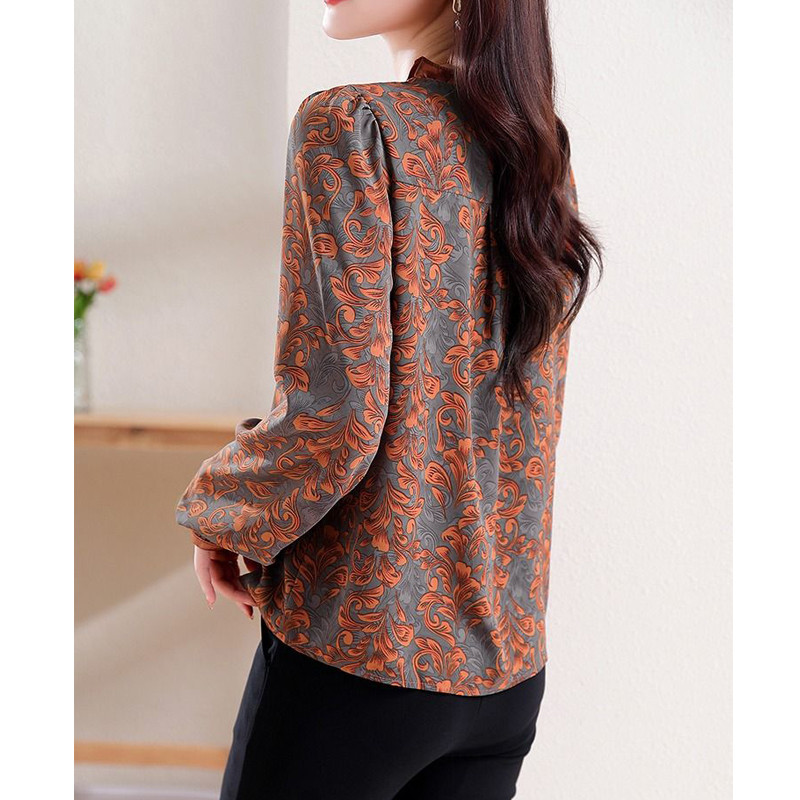 Naiste korea moe vintage mustriga volangpluus Elegantne šikk pitsist lapitehnikaga särgid vabaaja V-kaelusega pikkade varrukatega lahtised topsid pluusid