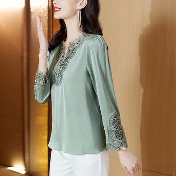 Модни дамски копринени блузи 2024 Пролетни ризи с бродирани дълги ръкави Елегантни офис дами Ретро дизайн Топове Дрехи