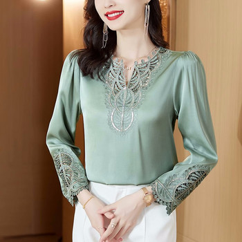 Модни дамски копринени блузи 2024 Пролетни ризи с бродирани дълги ръкави Елегантни офис дами Ретро дизайн Топове Дрехи