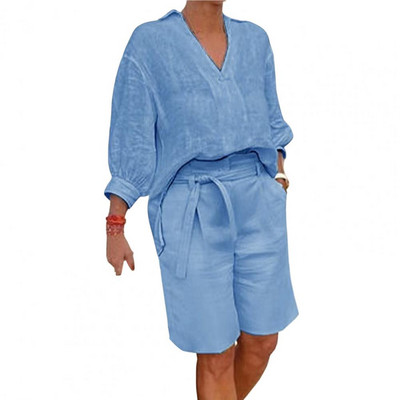 2024-es divatos, fél ujjú, V-nyakú ing, alkalmi bő, kétrészes szett nőknek, egyenes zsebes öves nadrág nyári pamut vászon öltöny