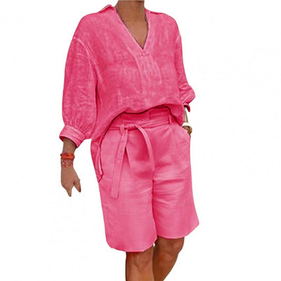 2024-es divatos, fél ujjú, V-nyakú ing, alkalmi bő, kétrészes szett nőknek, egyenes zsebes öves nadrág nyári pamut vászon öltöny