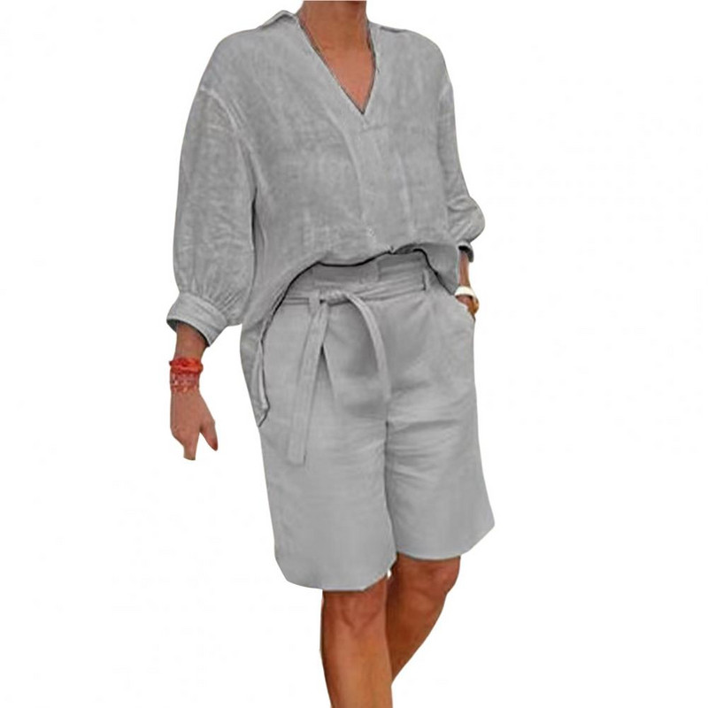 2024-es divatos, fél ujjú, V-nyakú ing, alkalmi bő, kétrészes szett nőknek, egyenes zsebes öves nadrág nyári pamut vászon öltöny