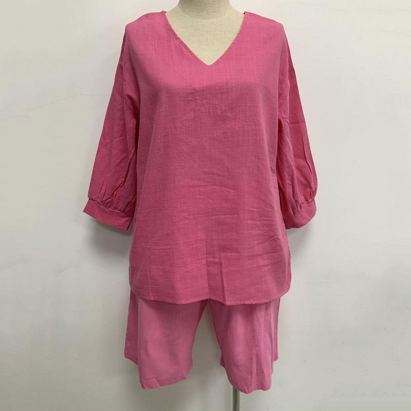 2024-es divatos, fél ujjú, V-nyakú ing, alkalmi bő, kétrészes szett nőknek, egyenes zsebes öves nadrág nyári pamut vászon öltöny