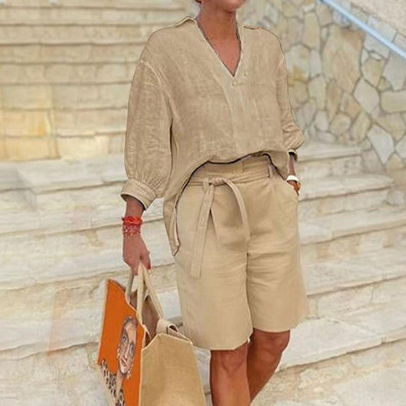 2024-es divatos, fél ujjú, V-nyakú ing, alkalmi bő, kétrészes szett nőknek, egyenes zsebes öves nadrág nyári pamut vászon öltöny
