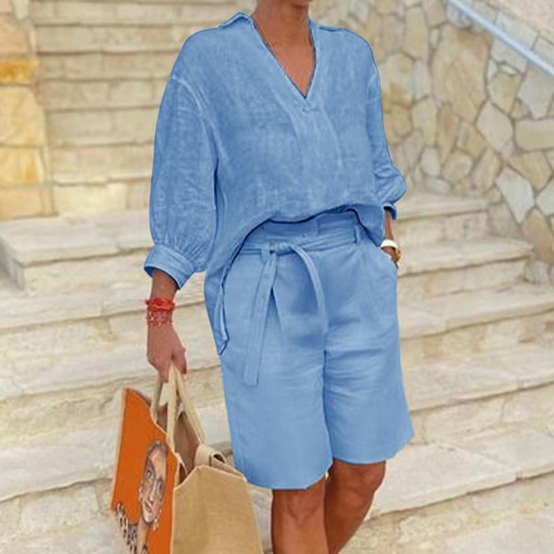 2024-es divatos, fél ujjú, V-nyakú ing, alkalmi bő, kétrészes szett nőknek, egyenes zsebes öves nadrág nyári pamut vászon öltöny