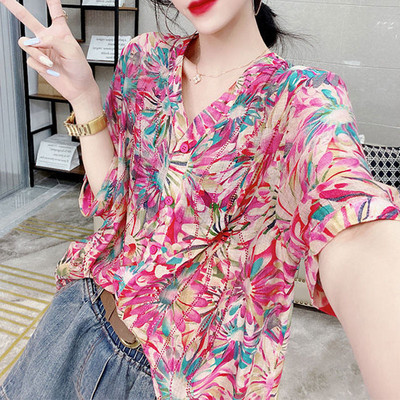 Vintage Beach Style Lilletrükiga särk Suvine Elegantne V-kaelusega Stiilne Teemantidega Naiste riided Pendelsõit Üherealine pluus