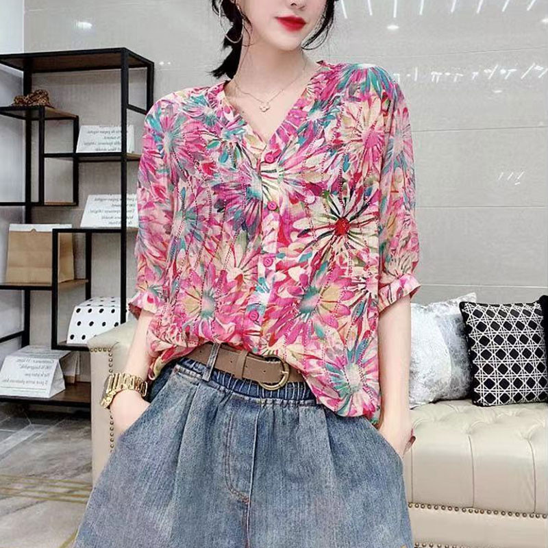 Vintage Beach Style Lilletrükiga särk Suvine Elegantne V-kaelusega Stiilne Teemantidega Naiste riided Pendelsõit Üherealine pluus