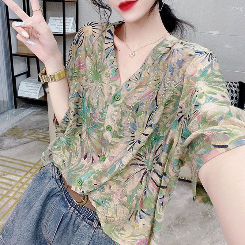 Vintage Beach Style Lilletrükiga särk Suvine Elegantne V-kaelusega Stiilne Teemantidega Naiste riided Pendelsõit Üherealine pluus