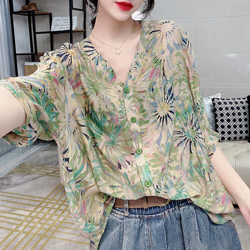 Vintage Beach Style Lilletrükiga särk Suvine Elegantne V-kaelusega Stiilne Teemantidega Naiste riided Pendelsõit Üherealine pluus