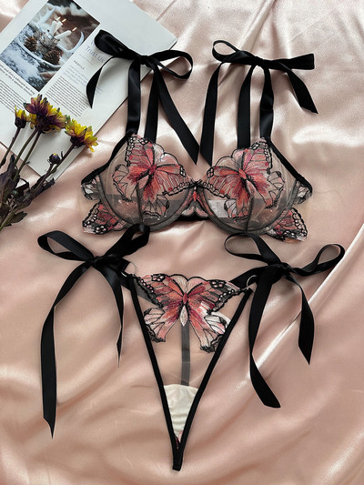 Curea pentru agățat brodat fluture plasă transparentă Temptation Girl Set emoțional distracție Lenjerie sexy femei Victoria's Secret