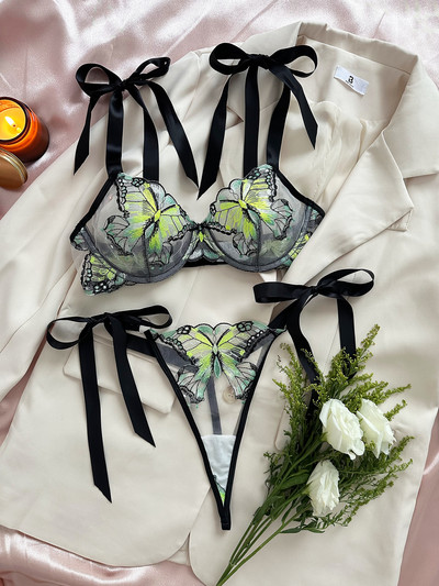 Curea pentru agățat brodat fluture plasă transparentă Temptation Girl Set emoțional distracție Lenjerie sexy femei Victoria's Secret