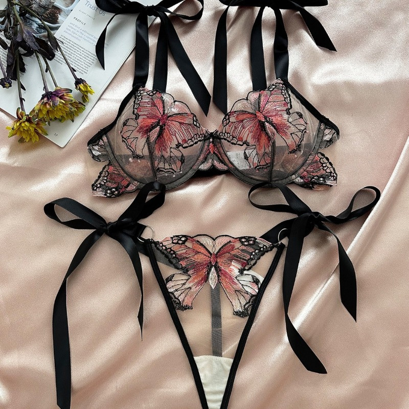 Curea pentru agățat brodat fluture plasă transparentă Temptation Girl Set emoțional distracție Lenjerie sexy femei Victoria's Secret