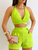 Suvised lühikesed komplektid Naiste vabaaja päitsed, kaheosalised ülikonnad Seksikad naiste pitsilised V-kaelusega kärbitud top & tasku disainiga lühikeste pükste komplekt