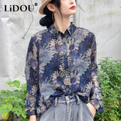 Pavasaris un vasara jauns 5 XL atloks ar ziedu apdruku ar garām piedurknēm sieviešu ikdienišķa modes sieviešu blūze ar vienrindām