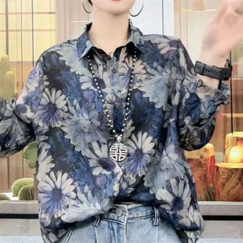 Пролет Лято Нова 5XL ревери Винтидж риза с дълъг ръкав с флорален принт Дамска ежедневна модна едноредна универсална блуза Femme