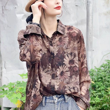 Пролет Лято Нова 5XL ревери Винтидж риза с дълъг ръкав с флорален принт Дамска ежедневна модна едноредна универсална блуза Femme