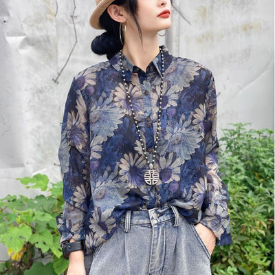 Pavasaris un vasara jauns 5 XL atloks ar ziedu apdruku ar garām piedurknēm sieviešu ikdienišķa modes sieviešu blūze ar vienrindām