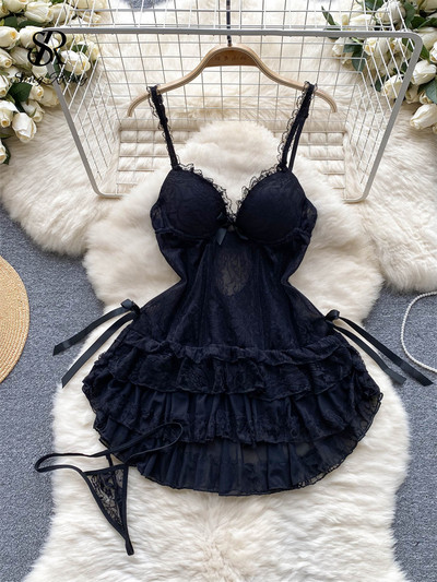 SINGREINY áttetsző csipke női éjszakai ruha nyári váll nélküli, hát nélküli szexi hálóruha női erotikus szexualitás rövid pizsama ruha