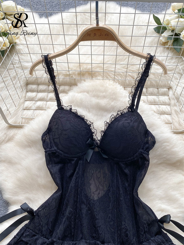 SINGREINY áttetsző csipke női éjszakai ruha nyári váll nélküli, hát nélküli szexi hálóruha női erotikus szexualitás rövid pizsama ruha