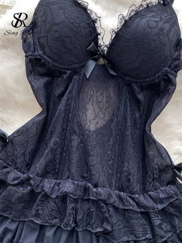 SINGREINY áttetsző csipke női éjszakai ruha nyári váll nélküli, hát nélküli szexi hálóruha női erotikus szexualitás rövid pizsama ruha