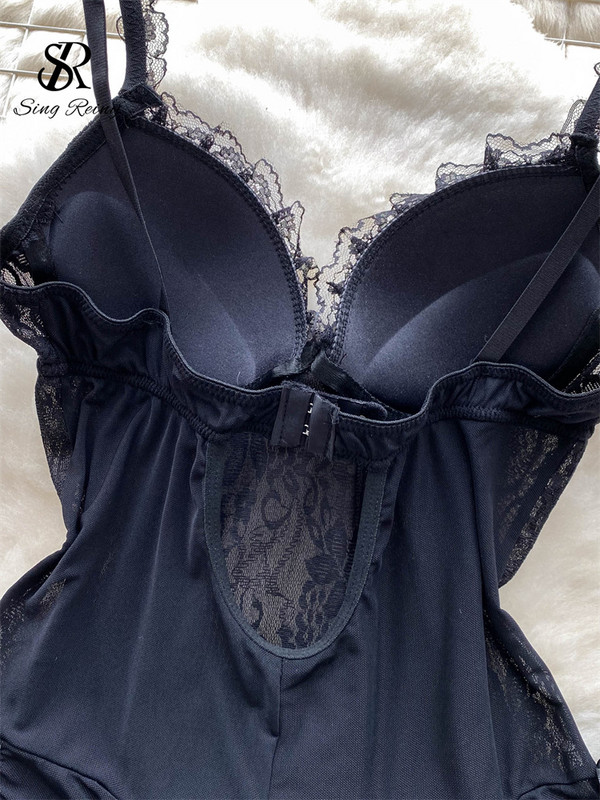 SINGREINY áttetsző csipke női éjszakai ruha nyári váll nélküli, hát nélküli szexi hálóruha női erotikus szexualitás rövid pizsama ruha